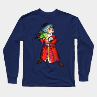 Beautiful sorcerer with glowing d20 and baby dragon Long Sleeve T-Shirt